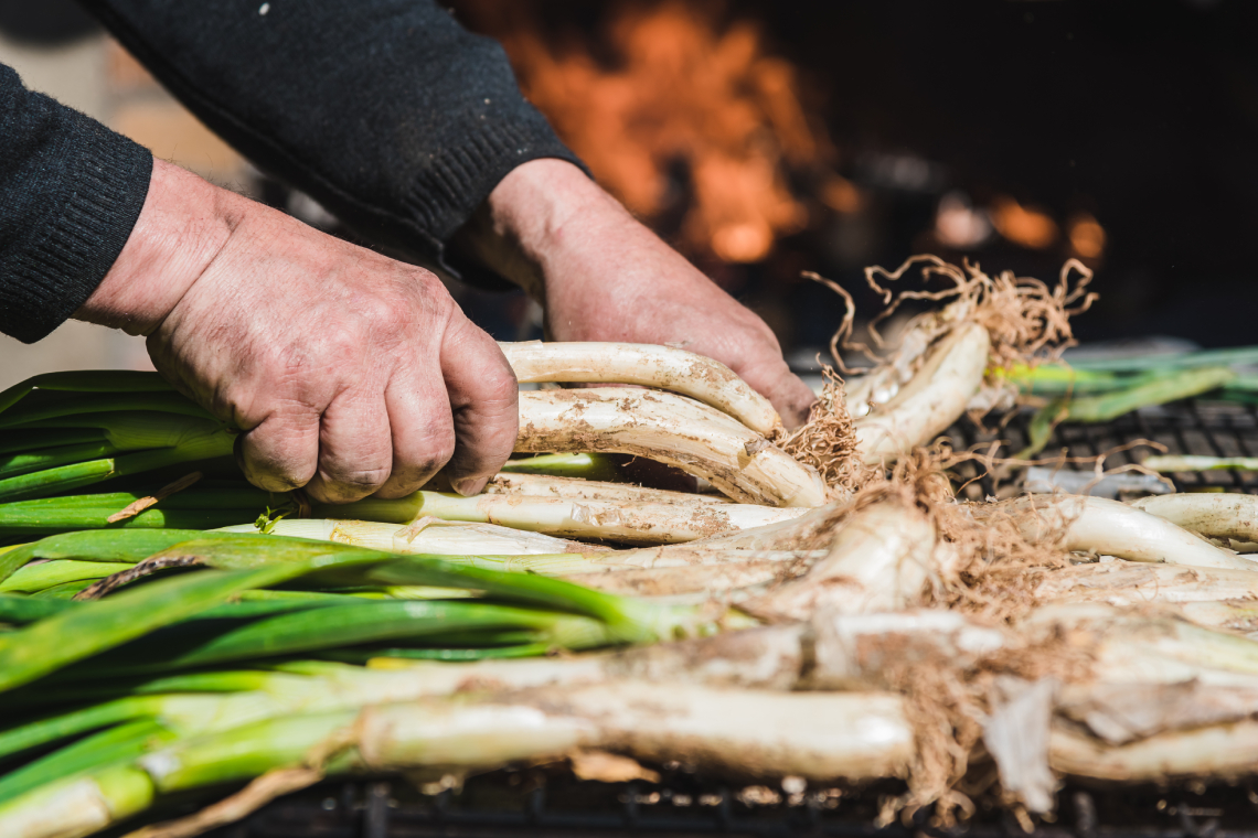 Home gran preparant una calçotada a Barcelona colocant els calçots sobre les flames d'una barbacoa.