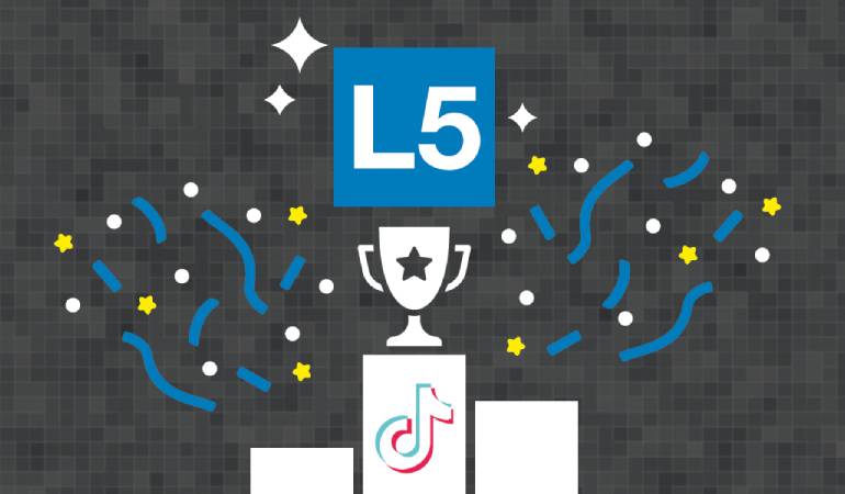 Retro video game-style image featuring the L5 logo on a podium.