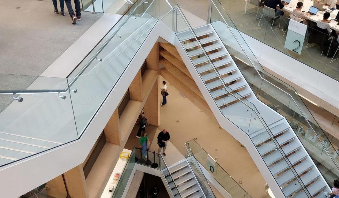 La biblioteca se alza en un magnífico edificio de seis plantas con una estructura de madera vista de casi 4.000 m² / Foto: Agnès Trilla