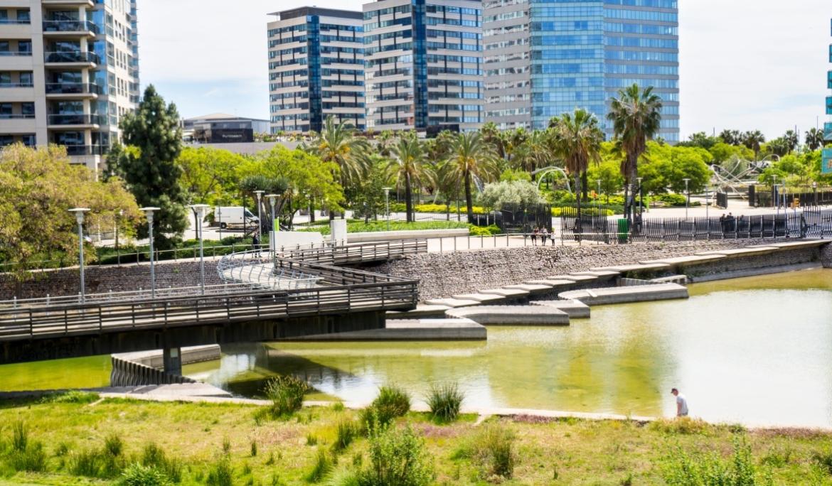 View of the lake at Diagonal Mar Park, one of Barcelona’s largest playground areas.
