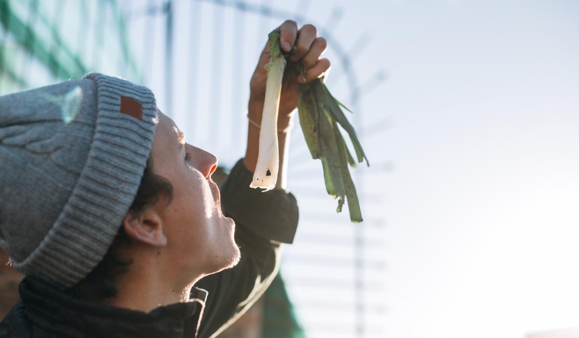 Home jove menjant un calçot a una calçotda a Barcelona a l'hivern. Té la boca oberta i està preparat per fer la primera queixalada al calçot.