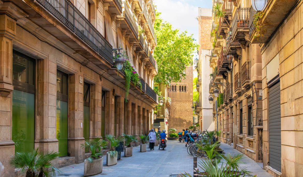 Calle del Born iluminada por la luz del mediodía.