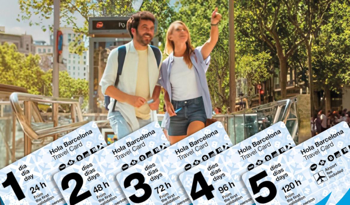 una pareja paseando por Barcelona a plena luz del día. Encima de la imagen estan los cinco billetes de la Hola Barcelona Travel Card