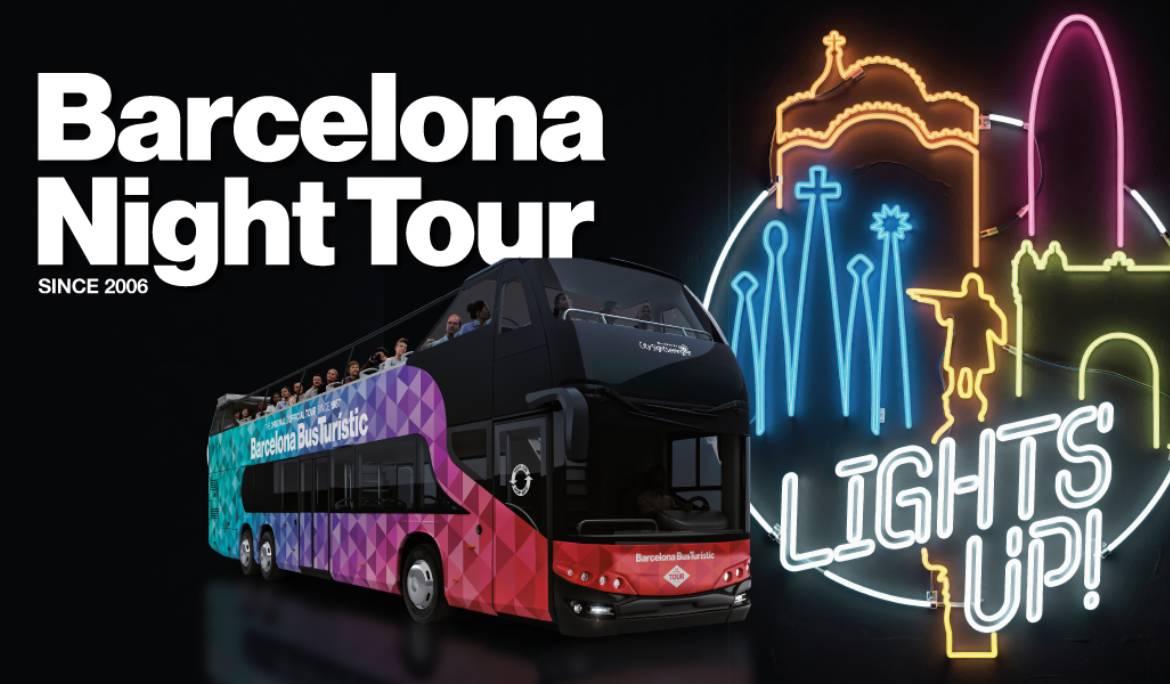 Imatge del bus nocturn turístic sobre un fons negre i llums de neó simulant les siluetes de la ciutat