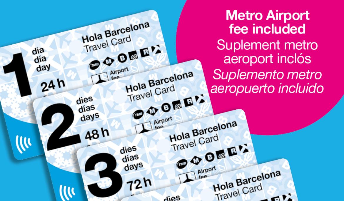 Creatividad de las tarjetas de Hola Barcelona Travel Card con información sobre el trayecto del aeropuerto al centro de Barcelona en transporte público.