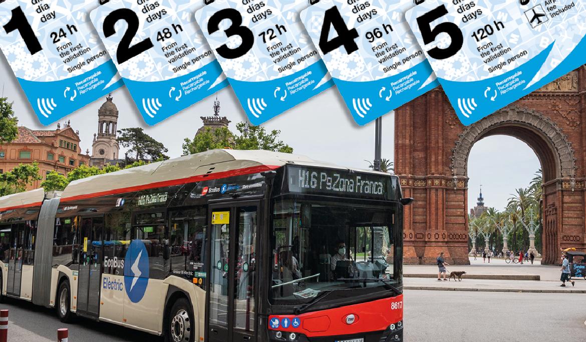 Imagen de un bus circulando por Arc de Trionf.EN la parte superior de la imagen, se ven sobrepuestas las 5 Hola Travel Card disponibles..