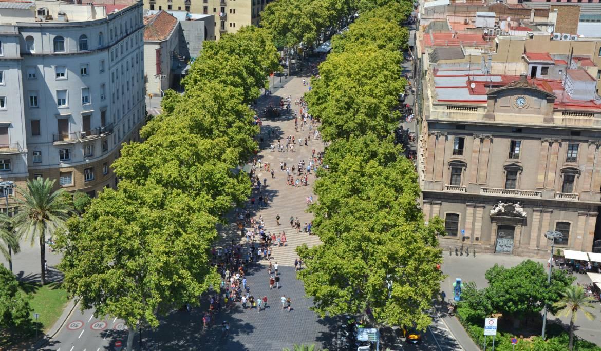 Image of pedestrians strolling along the tree-lined boulevard of La Rambla.